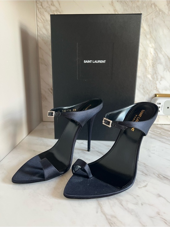 Saint Laurent Shoes - Saint Laurent Raso Régale Navy Satin Crystal Heel Stiletto 39